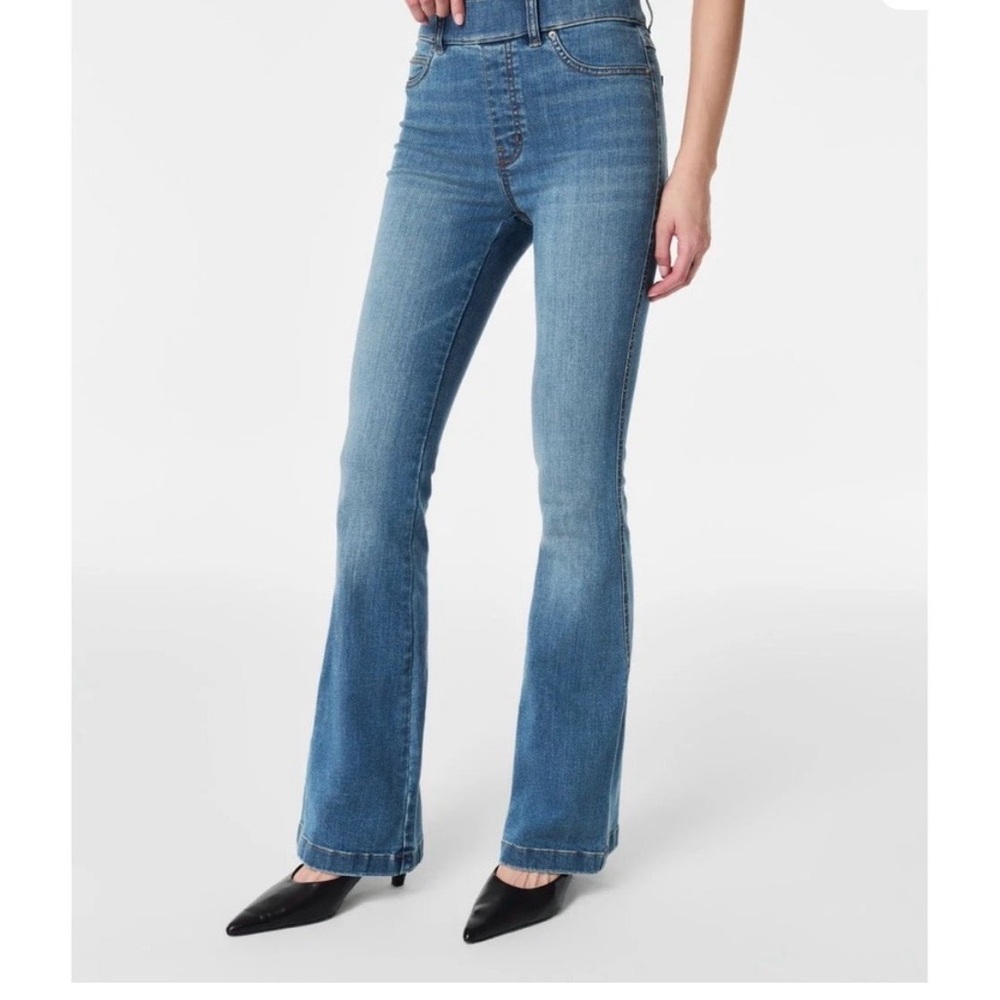 SPANX Mid-Blue High-Rise Flare Jeans